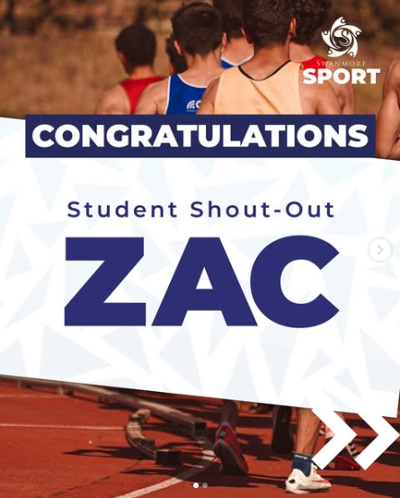Image shows boys running on an athletics track with the words congratulations student shout out Zac