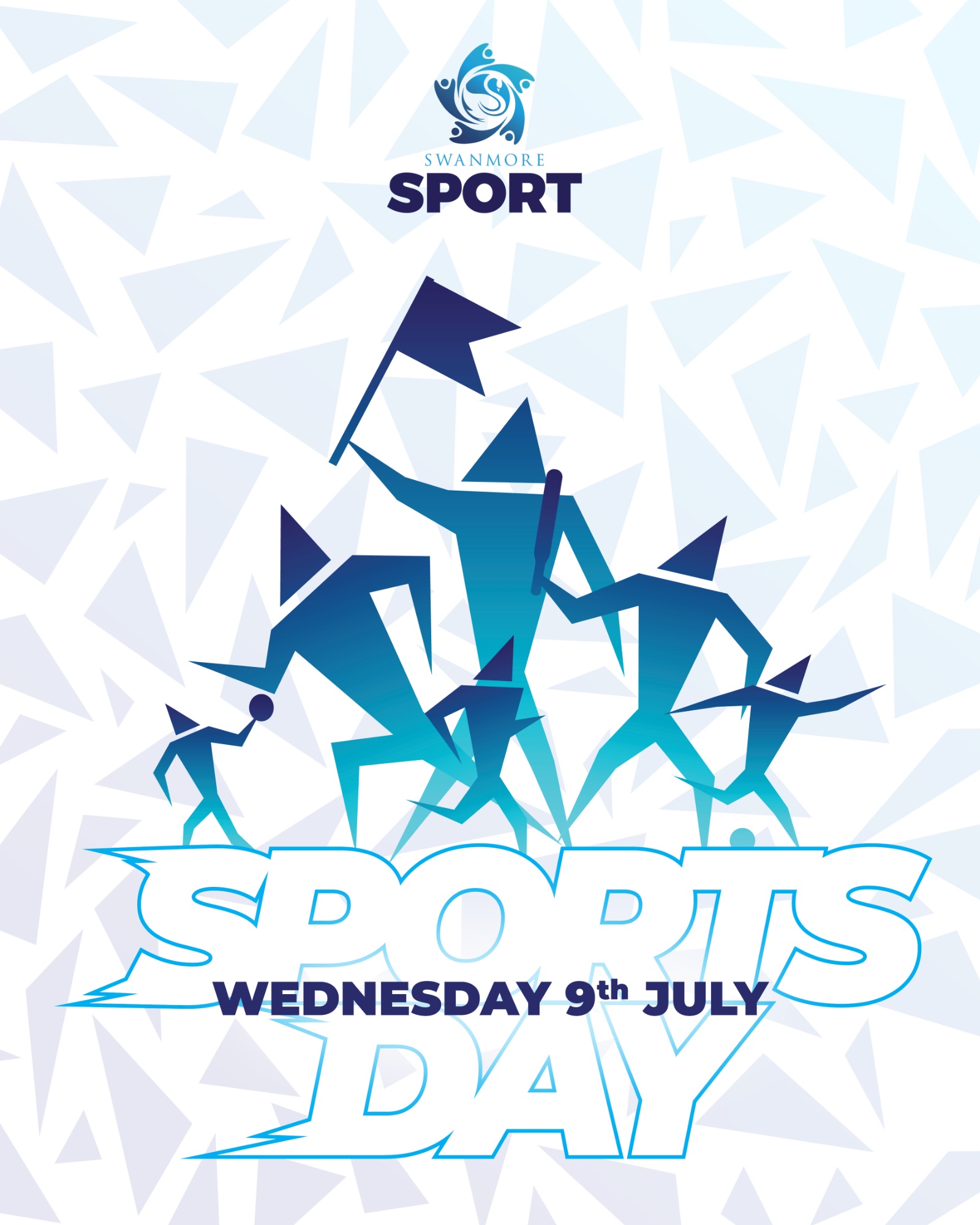 Image shows the Sports Day poster with triangular people doing a variety of sports with the words Sports Day Wednesday 9th of July