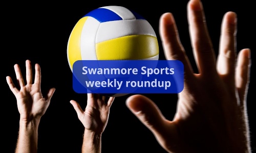 Image shows hands stretched in the air trying to reach a volleyball mid-flight, with the words Swanmore Sports weekly roundup
