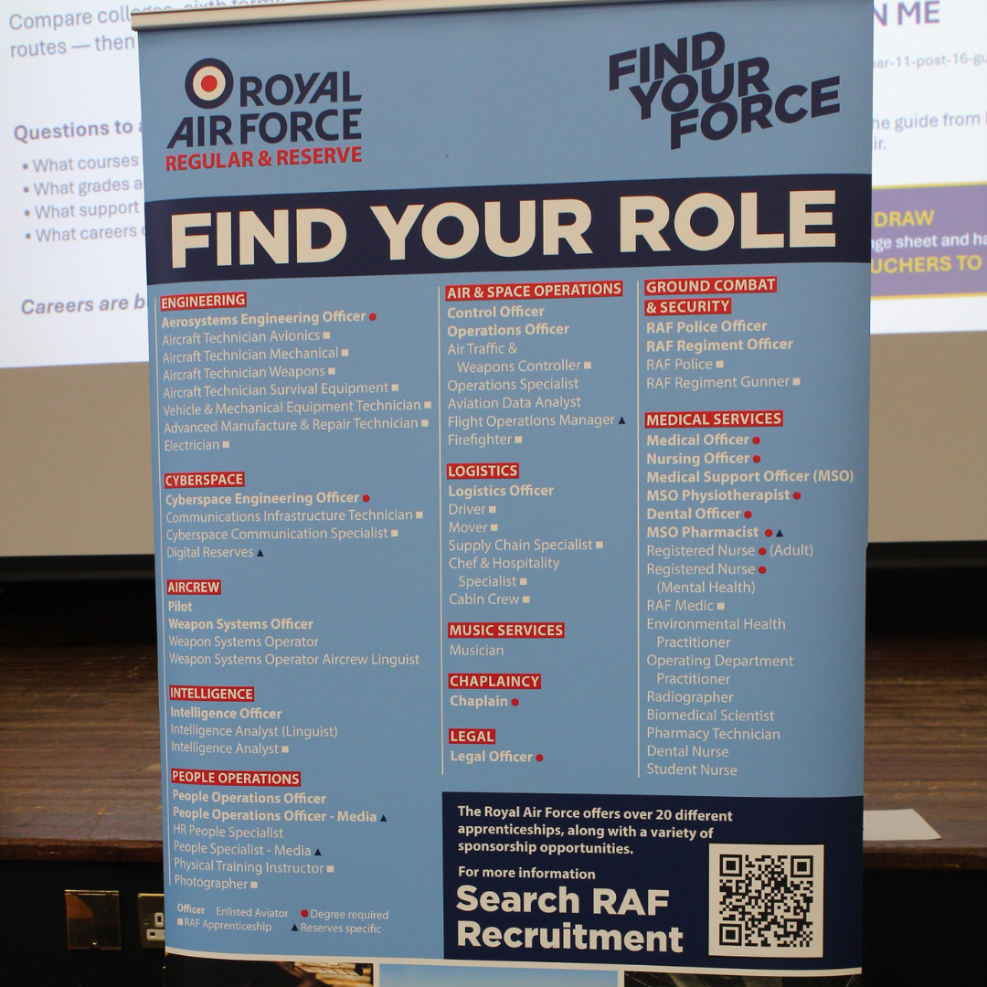 An exhibition banner for the Royal Air Force Regular plus Reserve outlining various career roles and pathways.