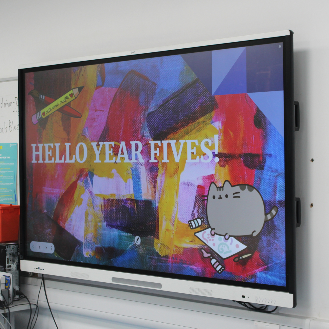 Image shows a presentation title page that says "Hello Year Fives" on an interactive whiteboard