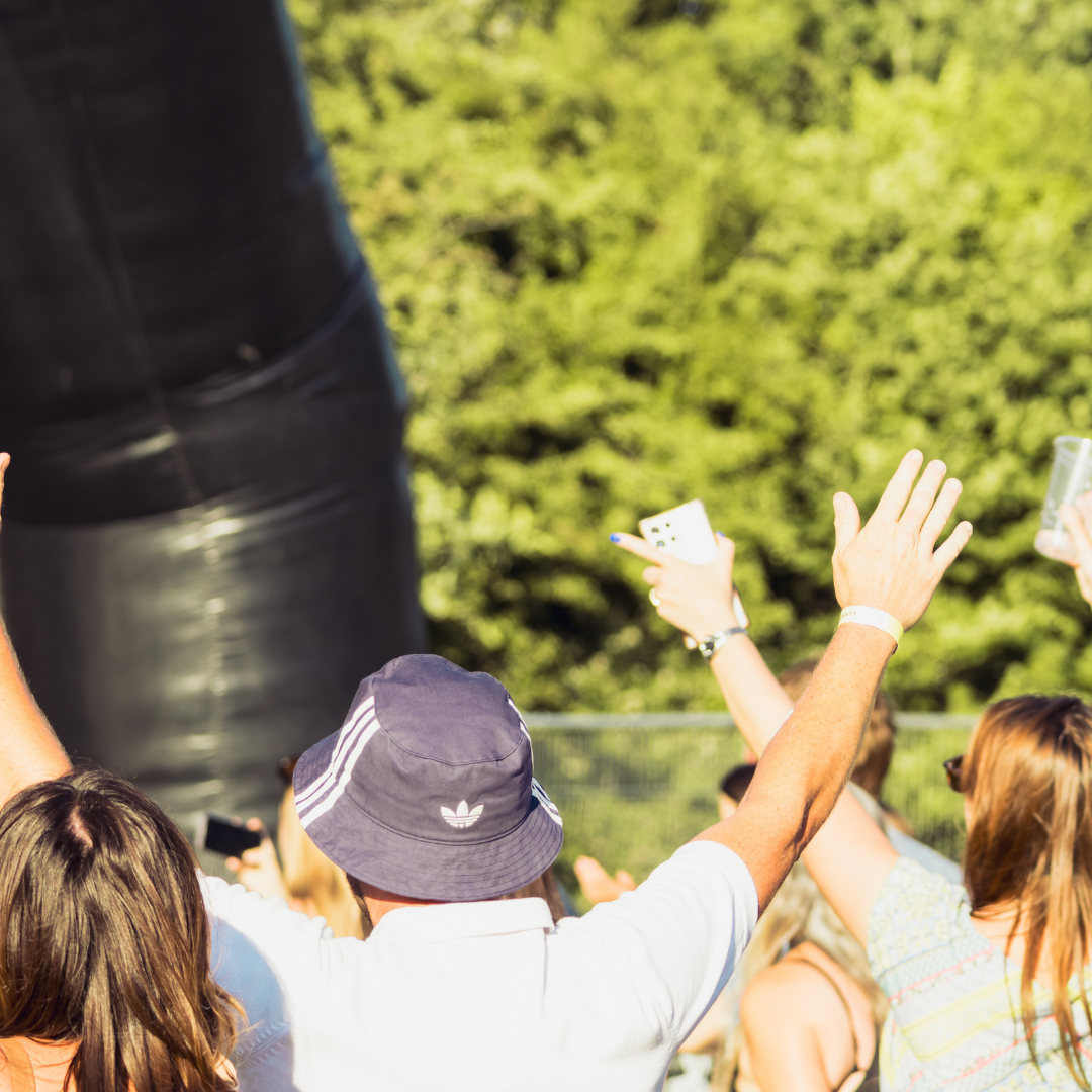 Rear view of audience members with their arms raised towards the stage during a live performance. Several people are holding drinks or mobile phones.