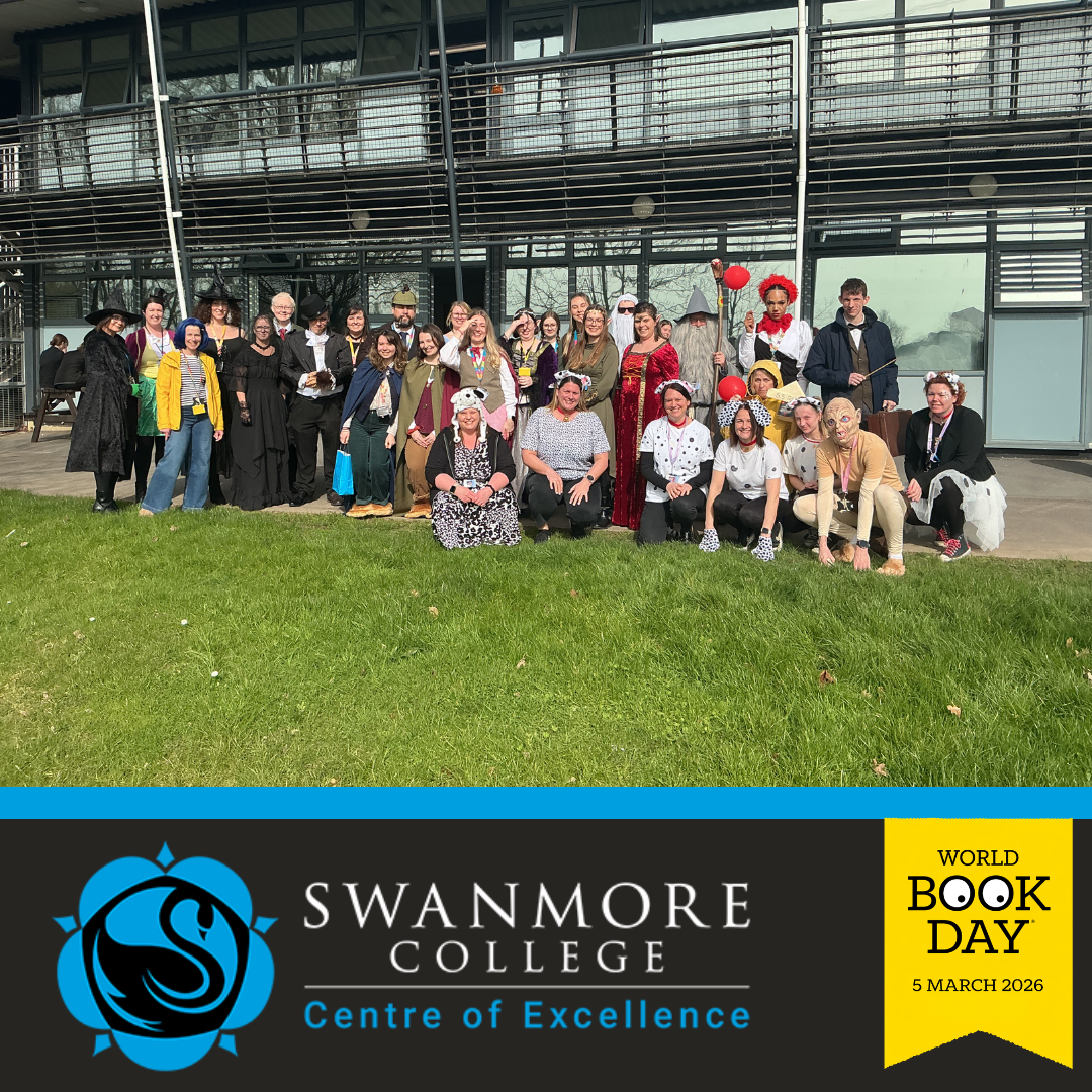 Staff posing in costume outside Swanmore College during World Book Day celebrations.