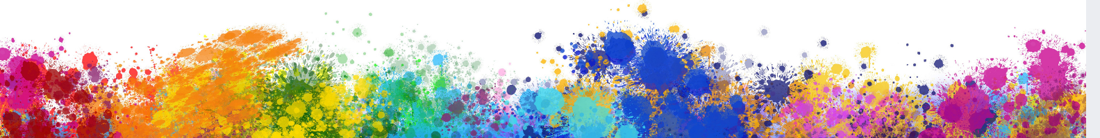 Wide decorative banner featuring a white background with a vibrant border of multicoloured paint splashes and splatters running along the bottom edge.