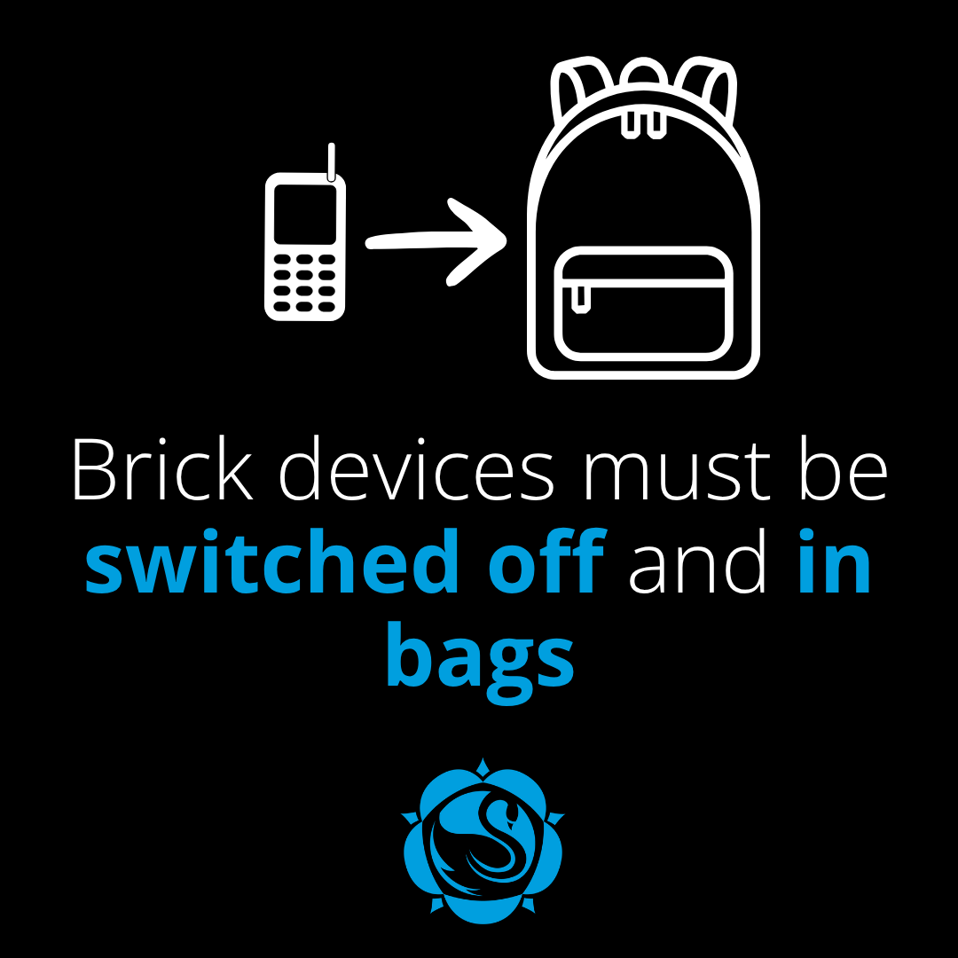 Published by Swanmore College. A graphic depicting a basic mobile phone moving into a backpack with the text "Brick devices must be switched off and in bags" above the Swanmore College logo.