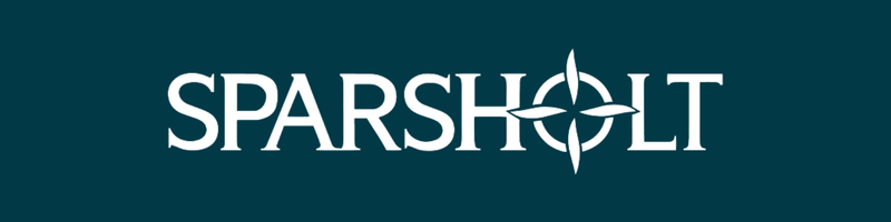 Dark teal background displaying the white word “SPARSHOLT” in serif lettering with a compass-style symbol forming part of the logo.