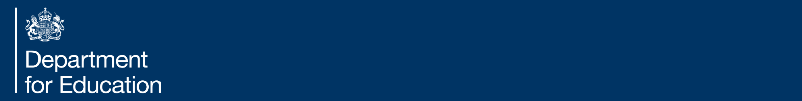 A wide rectangular banner with a dark navy-blue background. On the left-hand side is the white Department for Education logo, featuring the Royal Coat of Arms above the words "Department for Education" in a clean sans-serif font. A thin vertical white line separates the logo from the edge of the banner. The remainder of the banner is plain dark blue with no additional text, imagery or decorative elements.
