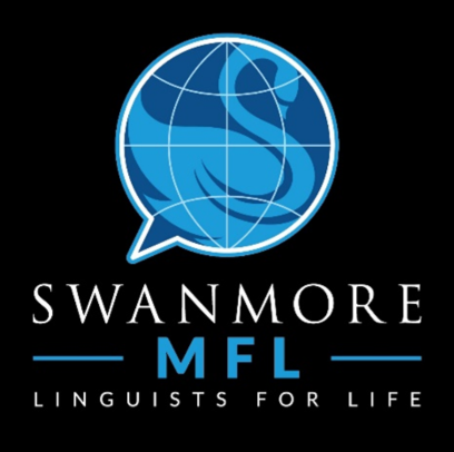Black-background logo for Swanmore College Modern Foreign Languages. The design features a blue speech bubble containing a globe and Swanmore swan emblem. Below are the words "SWANMORE MFL" in white and blue text, followed by the tagline "LINGUISTS FOR LIFE" in white capital letters. The logo represents the Modern Foreign Languages department at Swanmore College.
