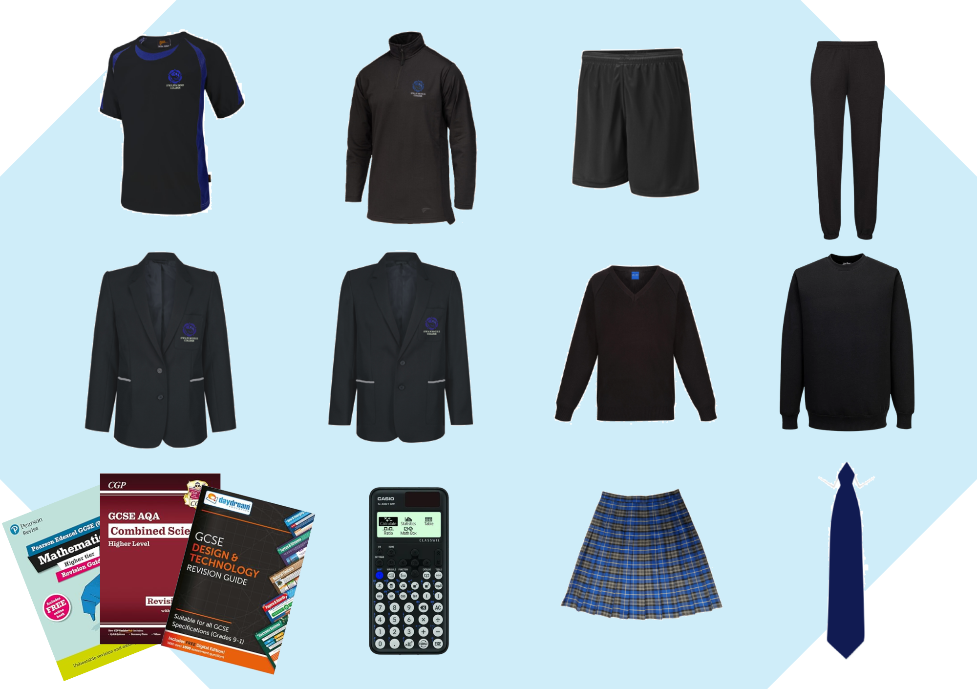 Image shows examples of items that can be donated to support pupils, including Swanmore College uniform, PE kit, a calculator, revision guides, a school tie and a tartan skirt.