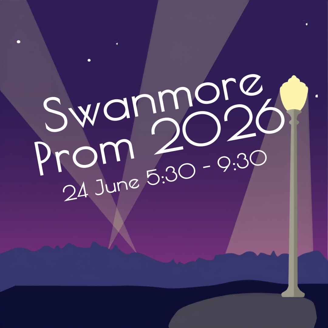 Image shows a promotional graphic for Swanmore Prom 2026 featuring a purple evening sky, searchlights, a street lamp and the text "Swanmore Prom 2026 – 24 June 5:30–9:30".