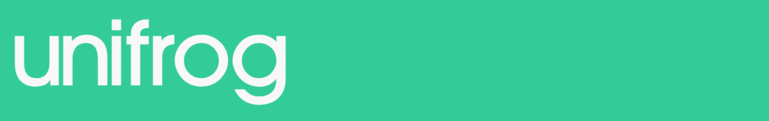 A wide horizontal banner with a bright teal-green background displaying the lower-case brand logo "unifrog" aligned on the left side in clean, sans-serif white lettering.