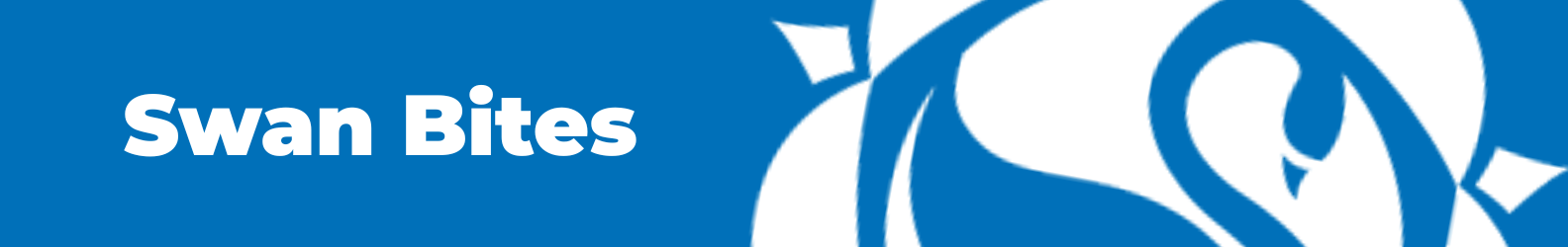 A blue header banner graphic featuring the Swanmore College swan logo on the right alongside bold white text that reads "Swan Bites".