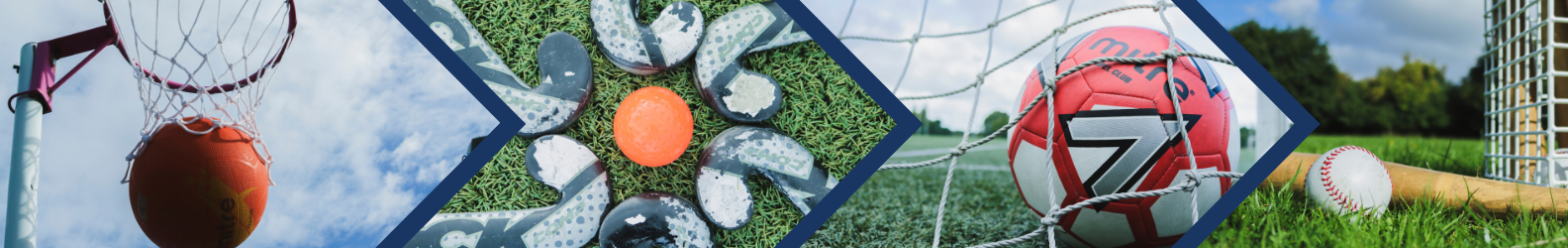 A collage banner depicting various sports equipment including a netball, hockey sticks, a football, and a rounders/baseball bat and ball on a field.   