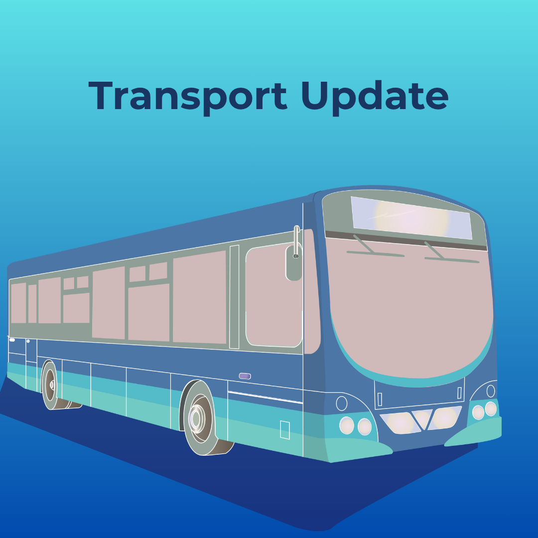 Simple illustrated graphic showing a blue and teal coach on a blue gradient background with the heading "Transport Update" centred at the top.