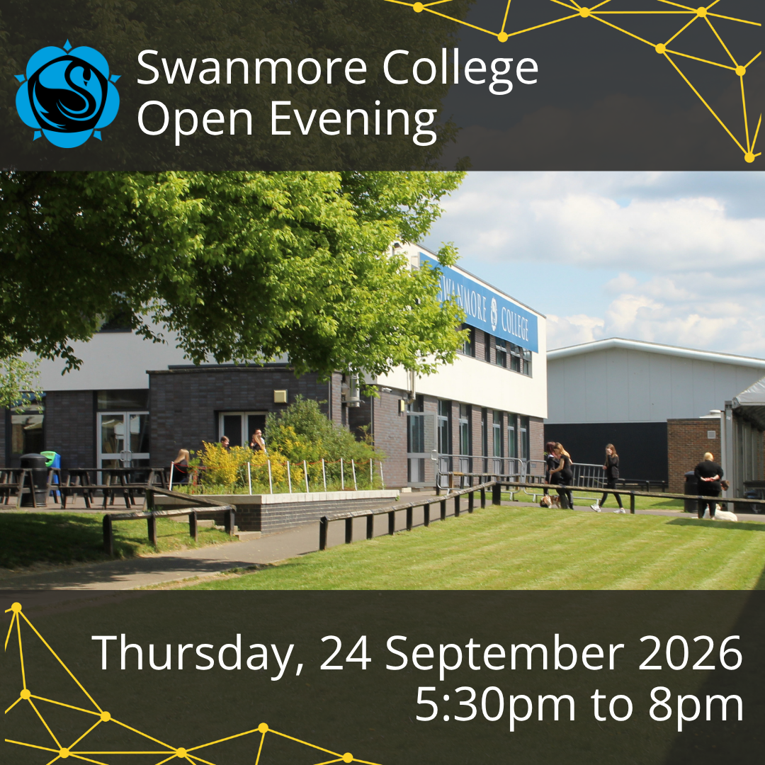 Image shows a promotional graphic for Swanmore College Open Evening. The graphic includes a photograph of the Swanmore College campus with a lawn, trees and College buildings visible. Overlay text reads: "Swanmore College Open Evening" and "Thursday, 24 September 2026, 5:30pm to 8pm". The Swanmore College logo appears in the top left corner, with yellow geometric line patterns decorating the top and bottom of the graphic.
