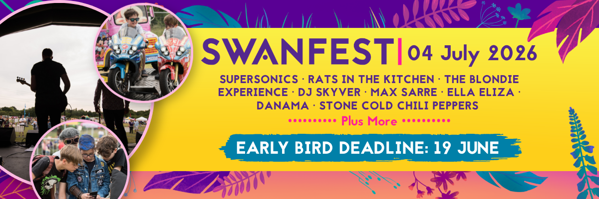 Promotional SwanFest 2026 banner with a vibrant summer festival theme. The design features a bright yellow central panel surrounded by a decorative border of purple, pink, teal and coral leaves, flowers and foliage.  On the left-hand side are three overlapping circular photographs. The largest image shows performers on stage viewed from behind, looking out across the festival crowd and field. The upper circular image shows two children riding brightly coloured fairground-style motorcycles. The lower circular image shows three children looking down at something together, one with bright blue hair and all wearing festival-style clothing.  The main text reads:  SWANFEST | 04 July 2026  Below this is a list of performers and attractions:  SUPERSONICS · RATS IN THE KITCHEN · THE BLONDIE EXPERIENCE · DJ SKYER · MAX SARRE · ELLA ELIZA · DANAMA · STONE COLD CHILI PEPPERS  Further text underneath reads:  Plus More  A blue brushstroke banner across the lower section contains the text:  EARLY BIRD DEADLINE: 19 JUNE  The overall design promotes SwanFest 2026 as a family-friendly music and entertainment festival taking place on 4 July 2026, highlighting performers already announced and reminding viewers of the Early Bird ticket deadline.