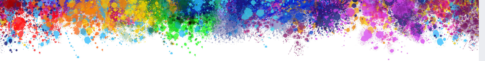 Wide decorative banner featuring a white background with a dense band of multicoloured paint splashes and splatters running along the top edge.