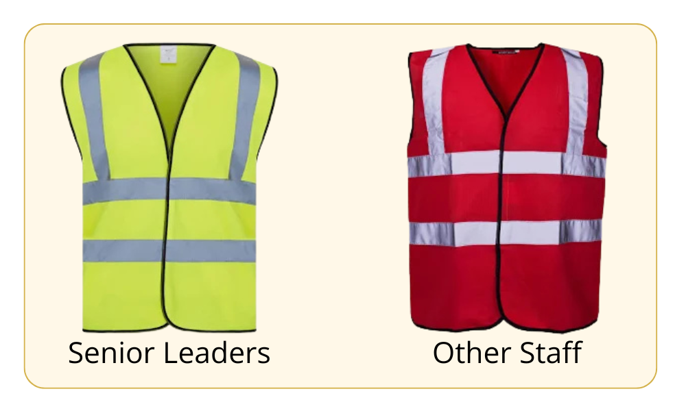 Image shows a yellow hi vis jacket with the caption "senior leaders" and a red hi vis jacket with the caption "other staff"