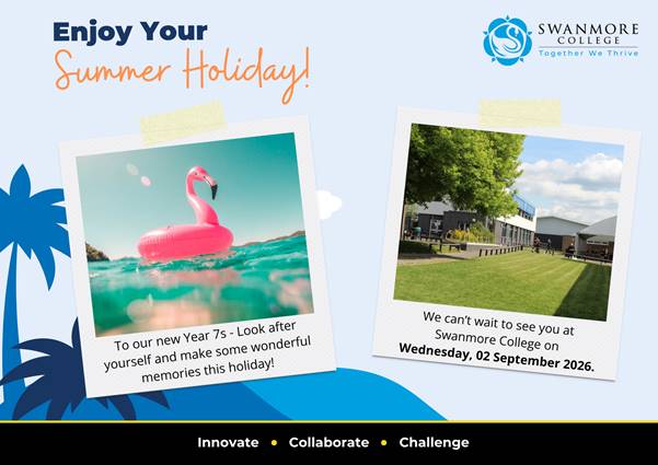 Light blue Swanmore College postcard with the heading “Enjoy Your Summer Holiday!” in navy and orange at the top left, and the Swanmore College logo at the top right. The design shows two taped Polaroid-style photos: one of a pink inflatable flamingo in turquoise water, and one of the Swanmore College building and grass area. Text on the first photo says, “To our new Year 7s - Look after yourself and make some wonderful memories this holiday!” Text on the second photo says, “We can’t wait to see you at Swanmore College on Wednesday, 02 September 2026.” Blue palm tree and wave-style graphics appear along the bottom left. A black footer bar contains the words “Innovate”, “Collaborate” and “Challenge” separated by yellow dots.
