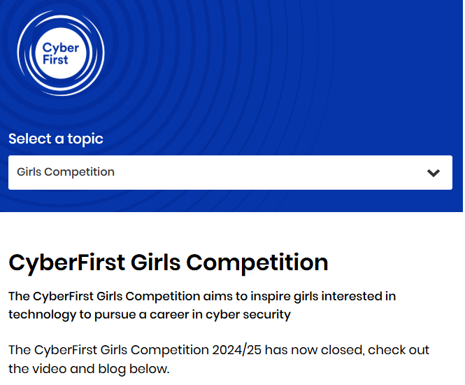 Image shows the homepage of the CyberFirst Girls competition website - click on the image to open the website