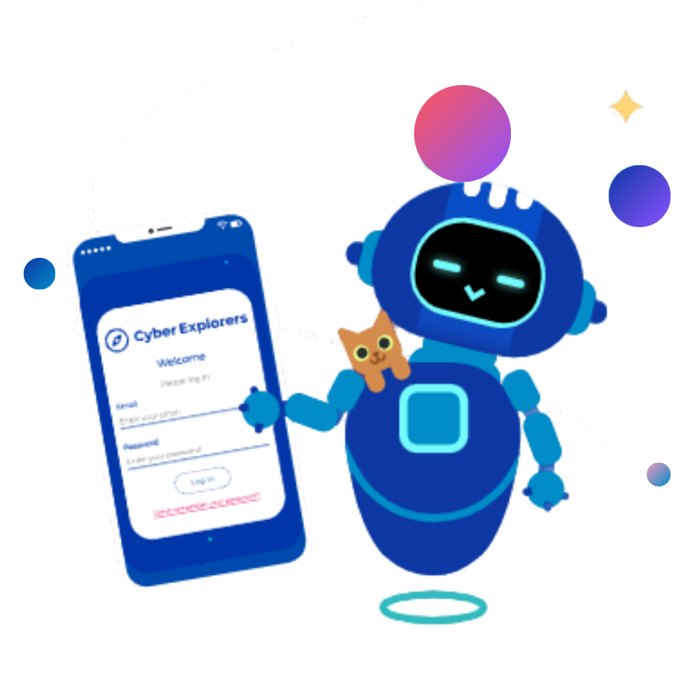 Image shows a graphic of a futuristic robot holding a smartphone with the Cyber Explorers logo on it