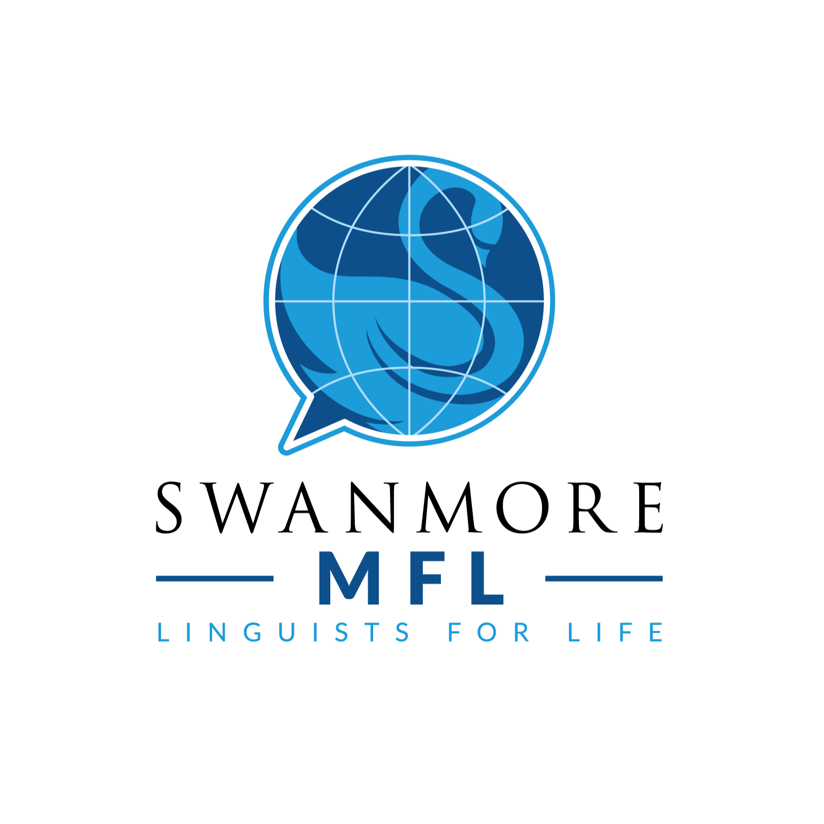 The Swanmore MFL logo featuring a blue speech bubble shaped like a globe with a stylised swan inside, set above the text “Swanmore MFL” and the tagline “Linguists for Life” on a white background.