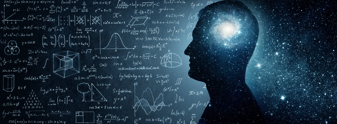 An illustration of a human head in profile filled with stars and galaxies, set against a background of mathematical equations, graphs and formulas