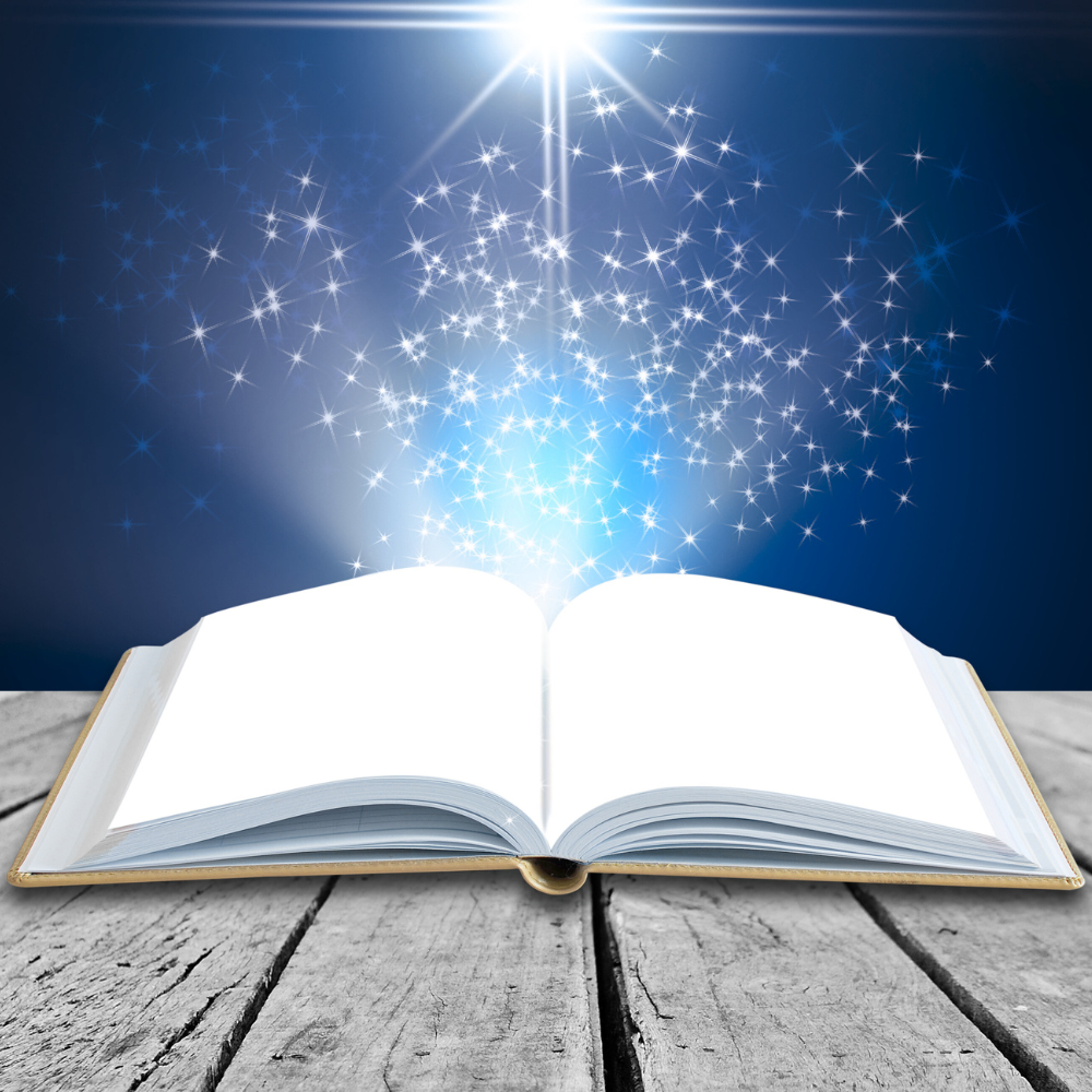 Image shows an open book with magical sparkles coming from it