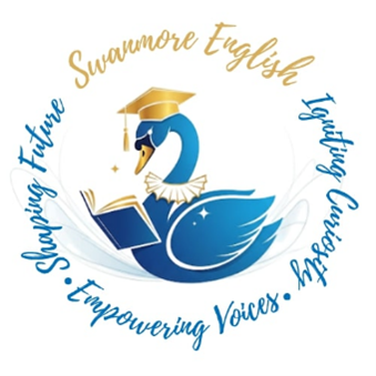 Image shows the English department logo - a blue swan reading a book whilst wearing a Shakespearian ruff and mortar board, with the words Swanmore English - Igniting Creativity, Empowering Voices, Shaping Futures
