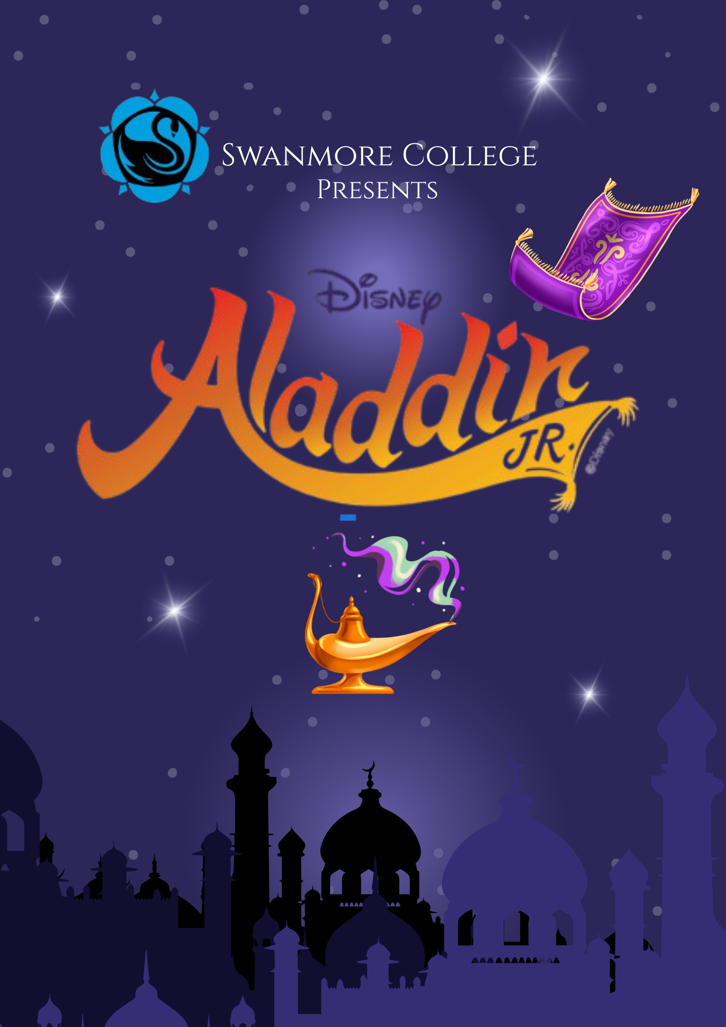 Front cover of the programme for Aladdin - the College's 2025 production