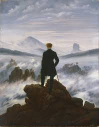 Image shows the German Romanticism painting  "Wanderer above the Sea of Fog" by Caspar David Friedrich, of a man standing on a rock with his back to the viewer staring out over a stormy sea. He appears to be holding a walking cane