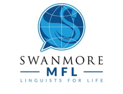 Swanmore College MFL logo featuring a blue swan silhouette inside a globe-shaped speech bubble with the tagline "Linguists for Life."