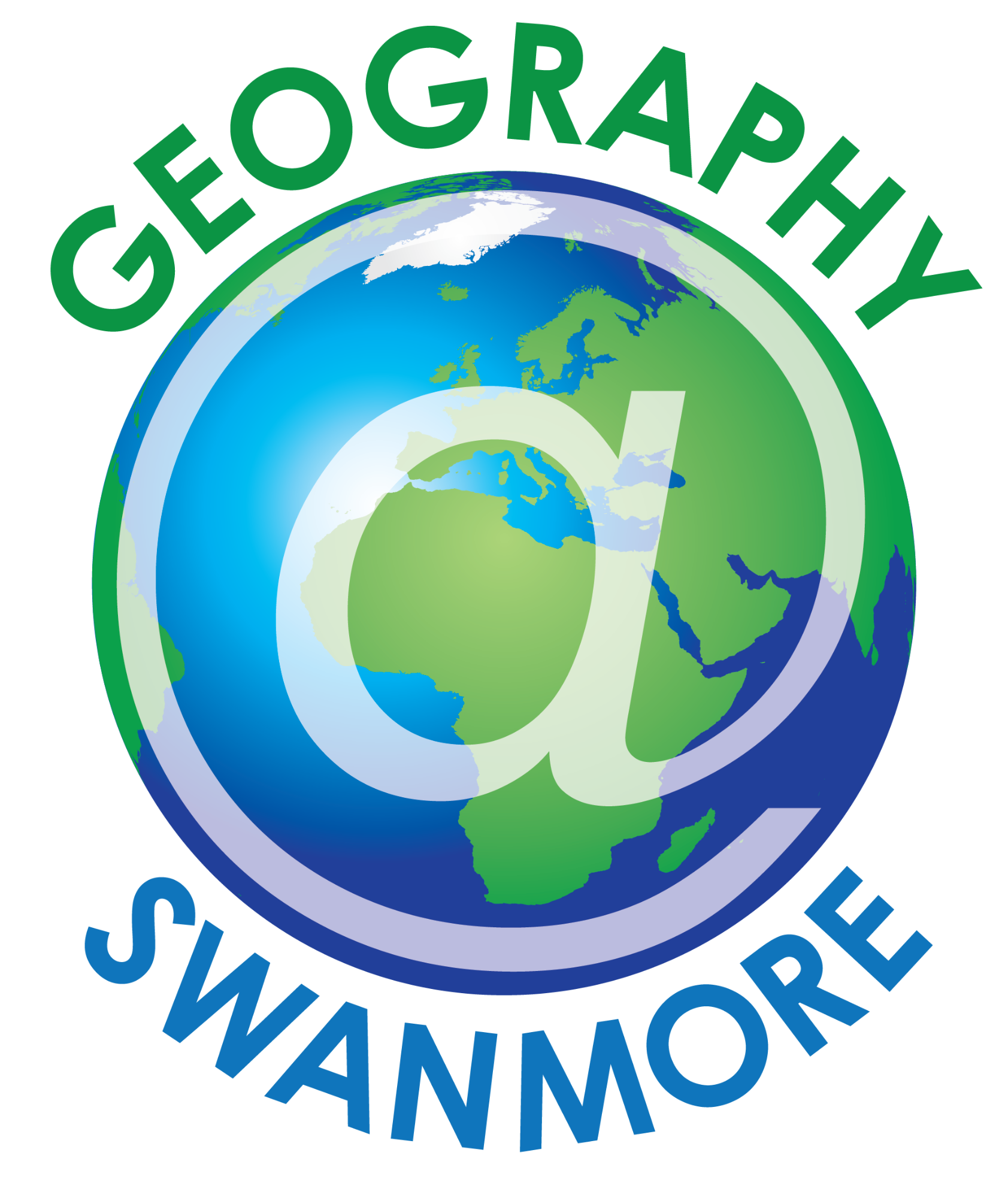 Image shows the Swanmore College Geography logo, featuring a stylised globe in blue and green with Europe and Africa visible. A lowercase letter “a” sits over the centre of the globe, with the word “Geography” curved above and “Swanmore” curved below in bold lettering against a black background.