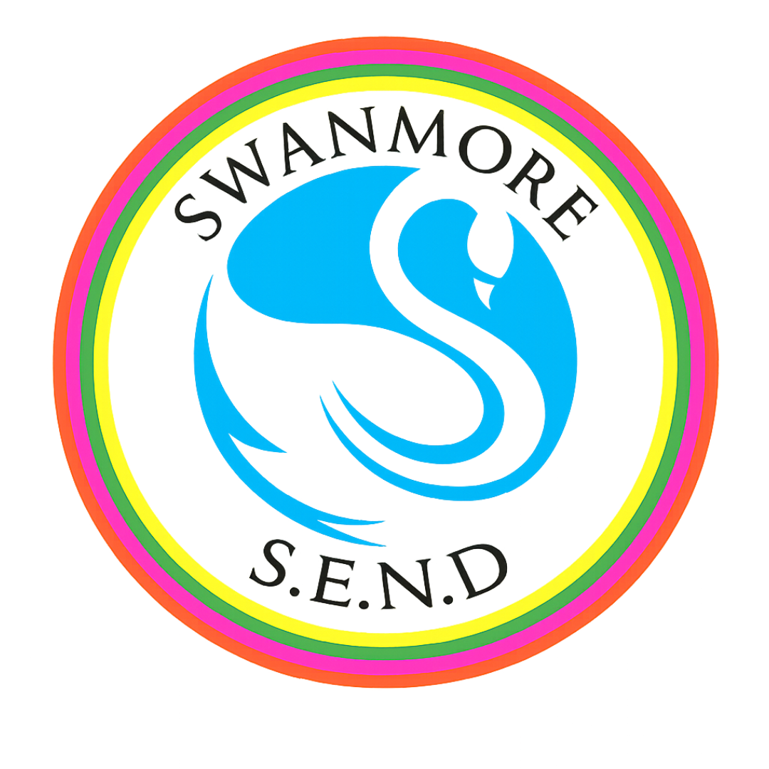 Circular Swanmore S.E.N.D logo featuring a stylised blue swan forming an “S” at the centre, surrounded by a white background with the words “SWANMORE” at the top and “S.E.N.D” at the bottom, enclosed by a multi-coloured rainbow border.