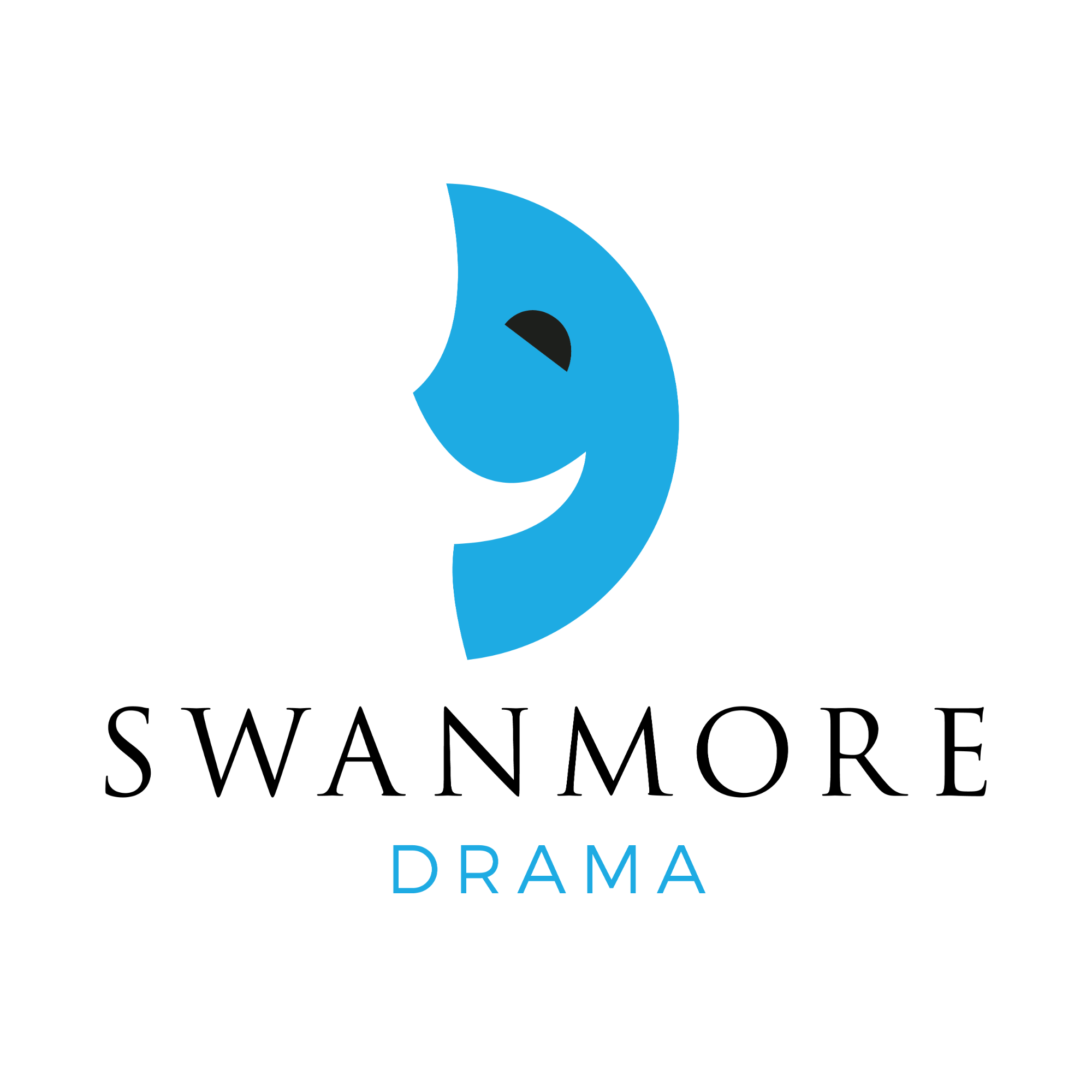 Image shows a blue stylised drama mask logo on a black background, with the word “DRAMA” written underneath in capital letters.