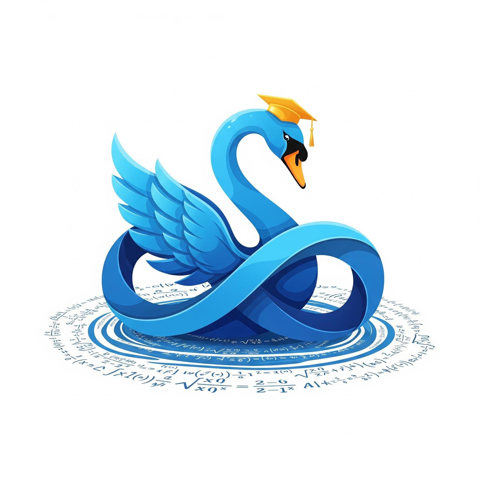 A stylised blue swan wearing a graduation cap, its long neck curved gracefully and wings partially spread, forming an infinity symbol shape as it sits above a circular pool of water filled with mathematical equations and symbols on a white background.