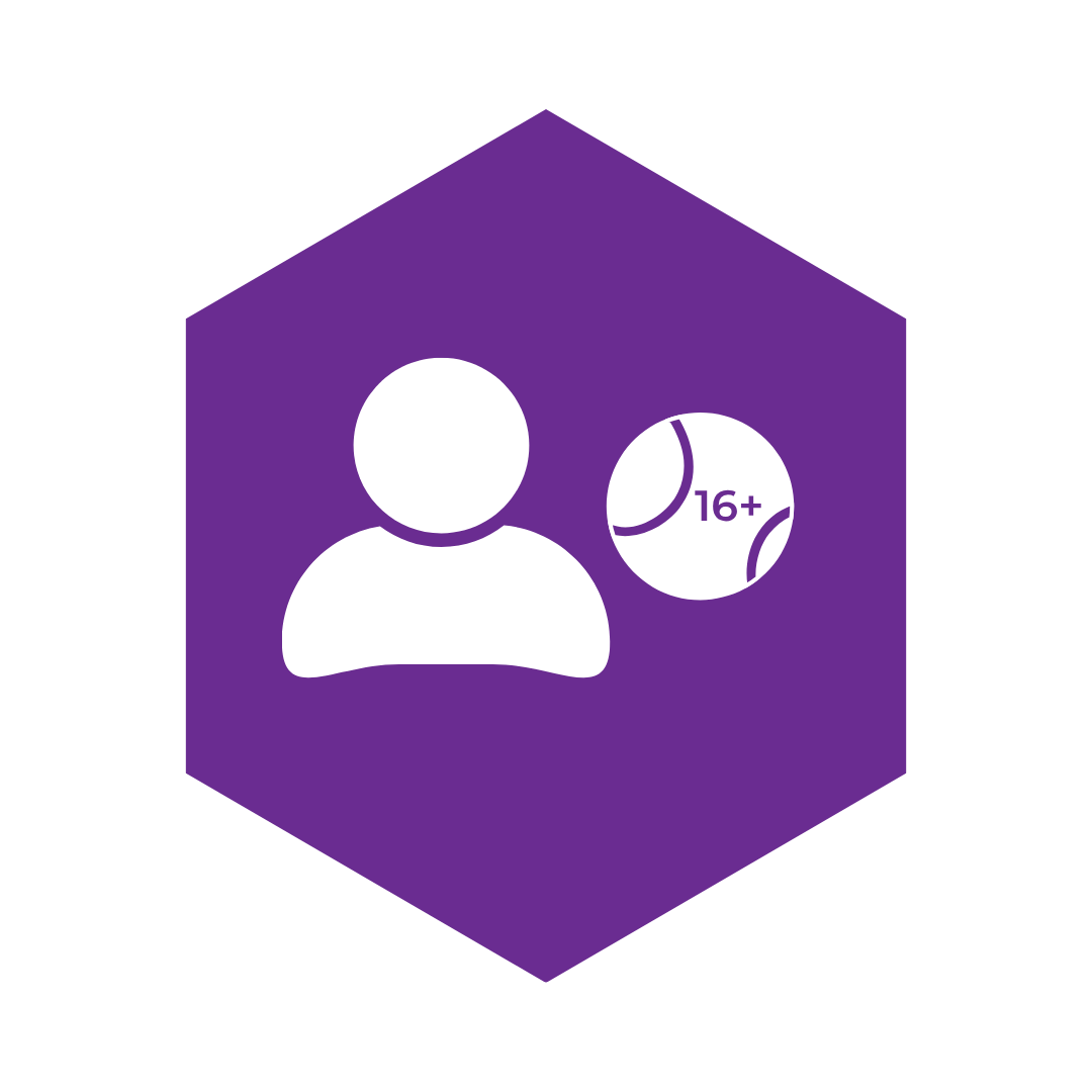 Icon showing a person's head and shoulders with a ball that has 16 plus on it