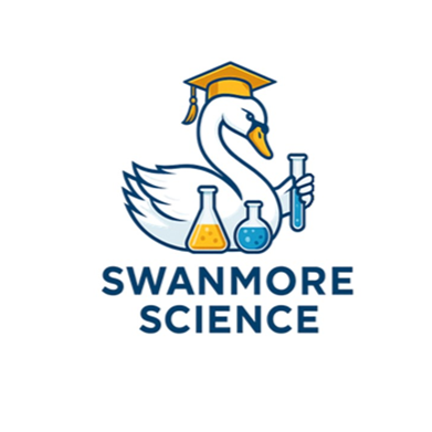 Swanmore Science logo showing a white swan wearing a yellow graduation cap and holding a test tube, with two laboratory flasks containing coloured liquid beside it. The words “SWANMORE SCIENCE” appear below in blue capital letters on a white background.