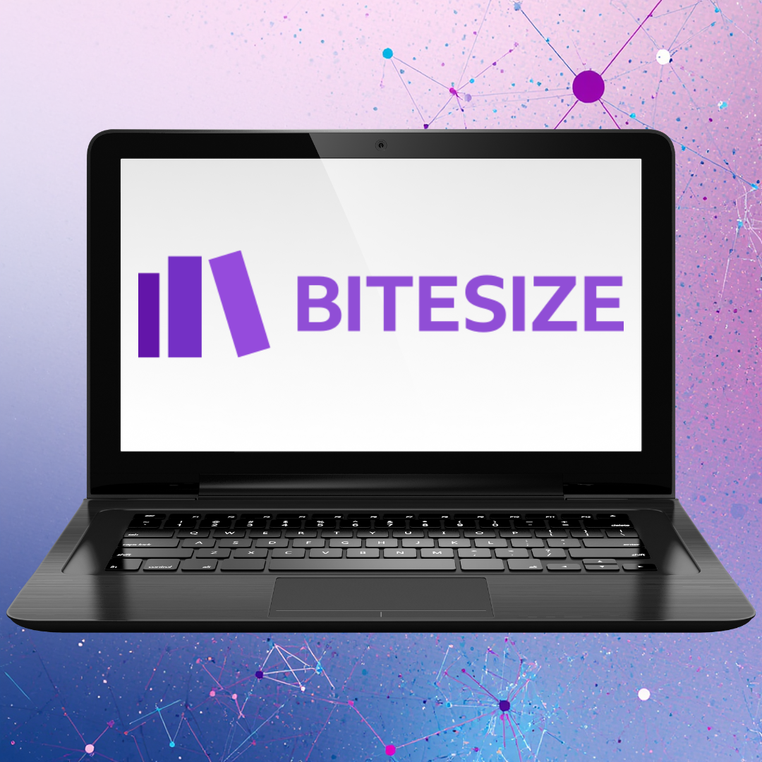 Image shows an open black laptop viewed from the front, centred against a colourful, abstract background. On the laptop screen is the BBC Bitesize logo, with the word “BITESIZE” written in bold purple capital letters alongside a stylised purple icon resembling stacked learning blocks or books. The screen background is white, making the logo stand out clearly. The laptop keyboard and trackpad are visible in the foreground, with realistic detail and shading. Behind the laptop, the background fades from pink to blue and purple tones and features faint network-style graphics, including dots and connecting lines, suggesting digital learning, science, or technology themes.