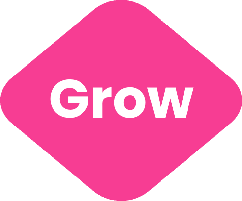 Image shows a pink diamond with the word grow inside it