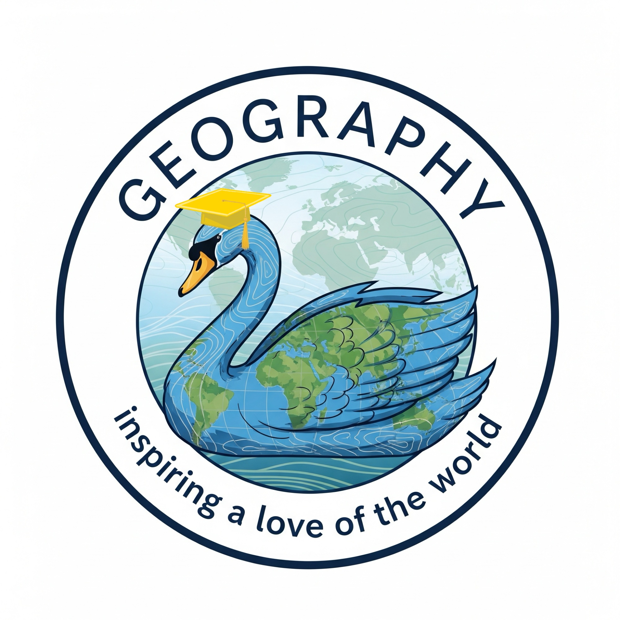 Circular Geography logo featuring a blue swan illustrated with world map patterns across its body, wearing a yellow graduation cap, set against a globe showing continents. The word “GEOGRAPHY” appears at the top of the circle, with the slogan “inspiring a love of the world” curved along the bottom, all on a white background with a dark blue border.