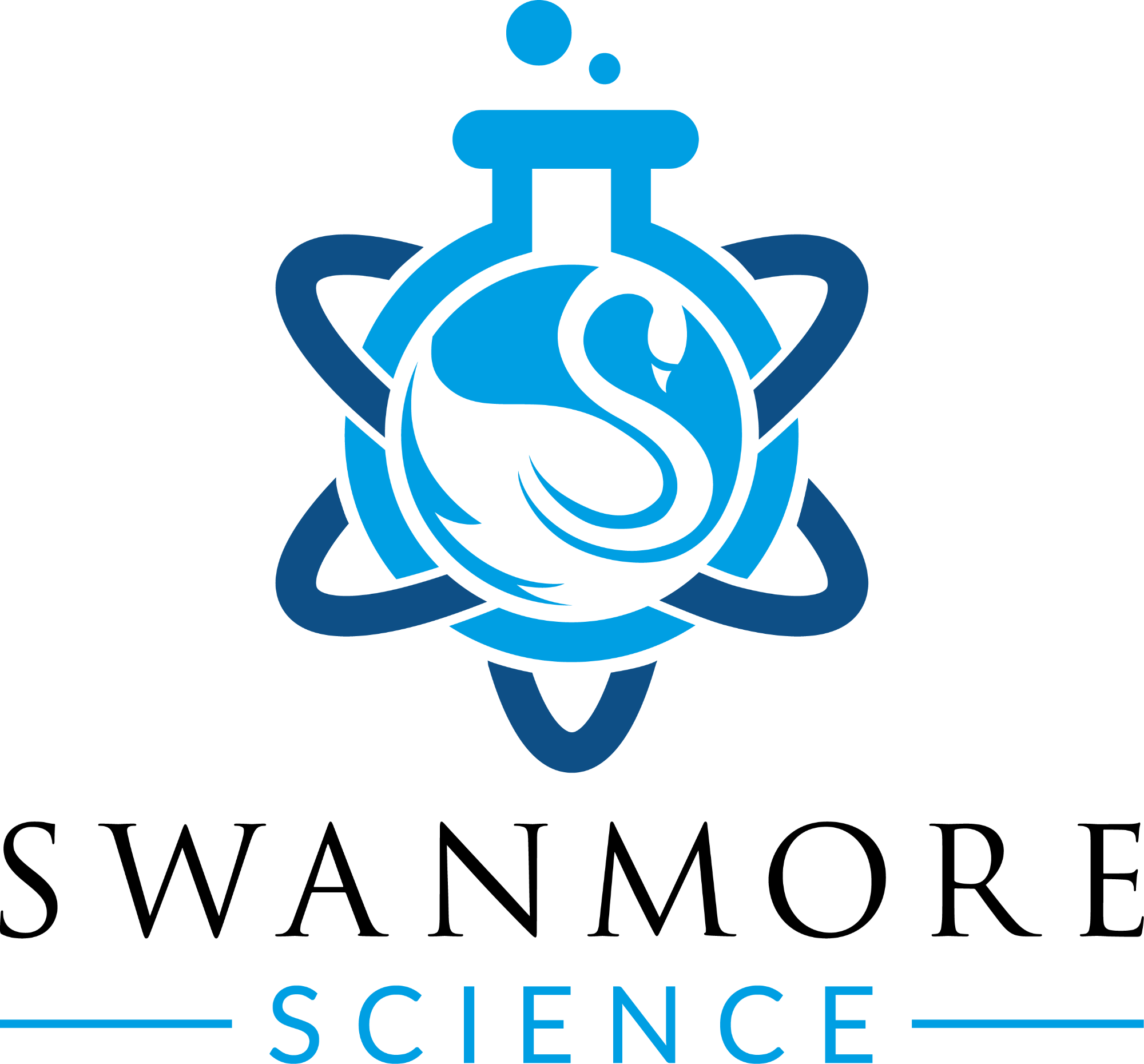 Swanmore Science logo featuring a stylised laboratory flask in light and dark blue, with an abstract swan shape inside and atomic-style orbits surrounding it. The word “SWANMORE” appears below in black capital letters, with “SCIENCE” in blue capitals beneath, separated by horizontal blue lines.