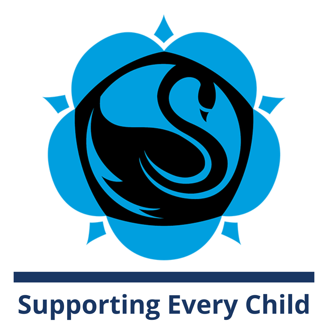 Decorative graphic showing the Swanmore College swan logo in black set within a blue flower-like shape, with the words “Supporting Every Child” written underneath.