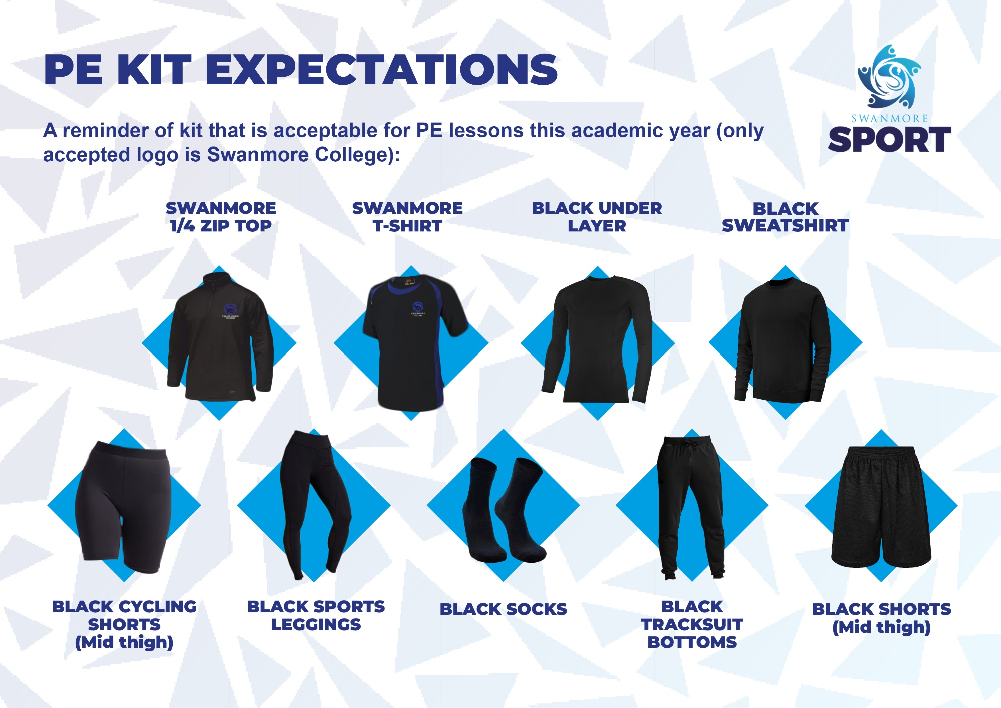 Image shows pictures of the correct unbranded items needed for Swanmore College PE - further details are listed below.