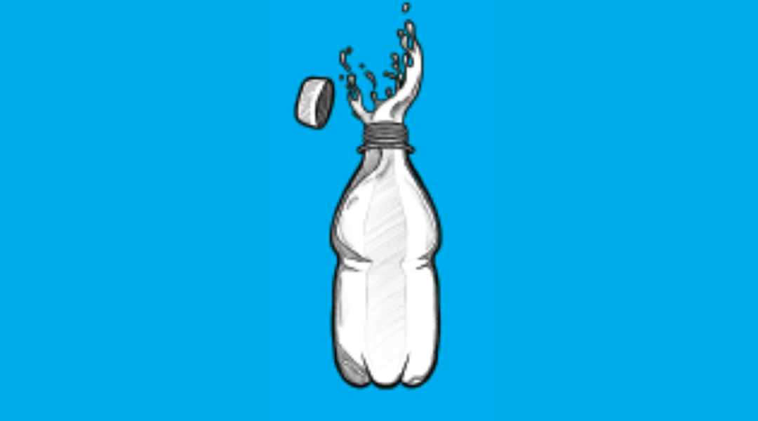 Image shows a sketch-style graphic of a bottle with the drink exploding from the open top