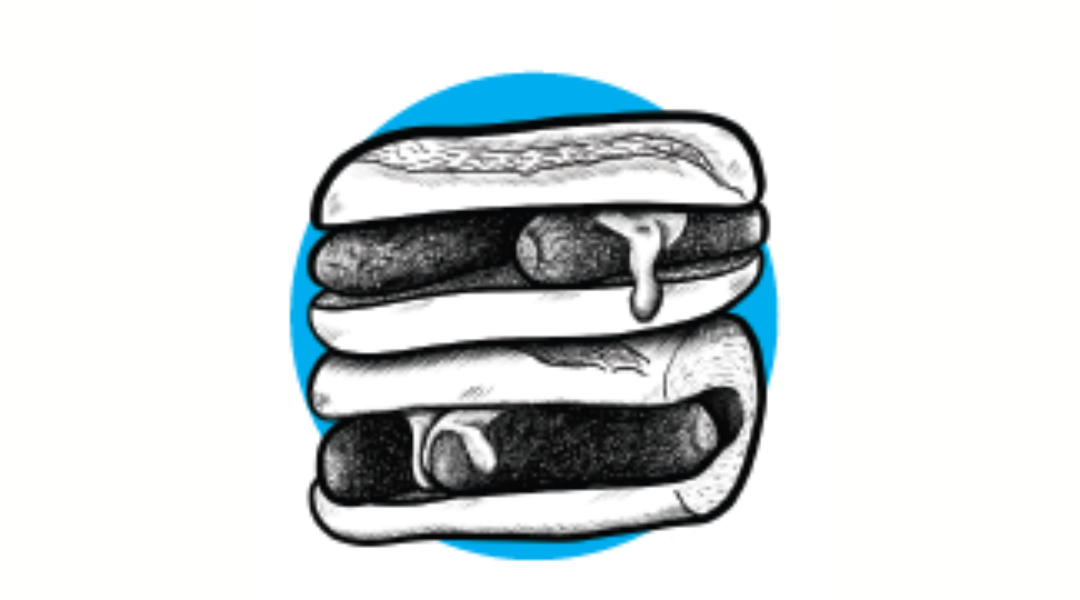 Image shows a sketch-style graphic of 2 sausage sandwiches on top of each other