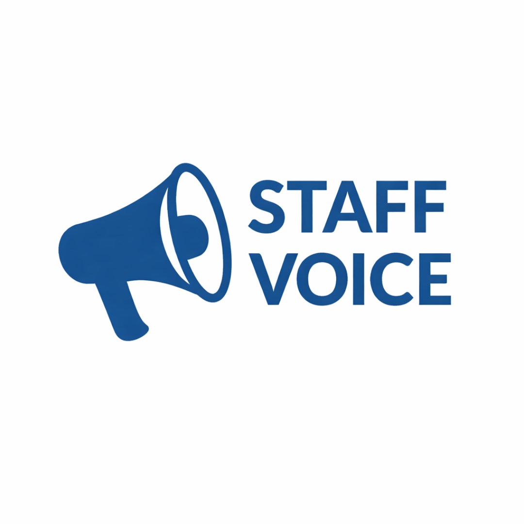 Blue megaphone icon next to the words “STAFF VOICE” in bold blue capital letters.