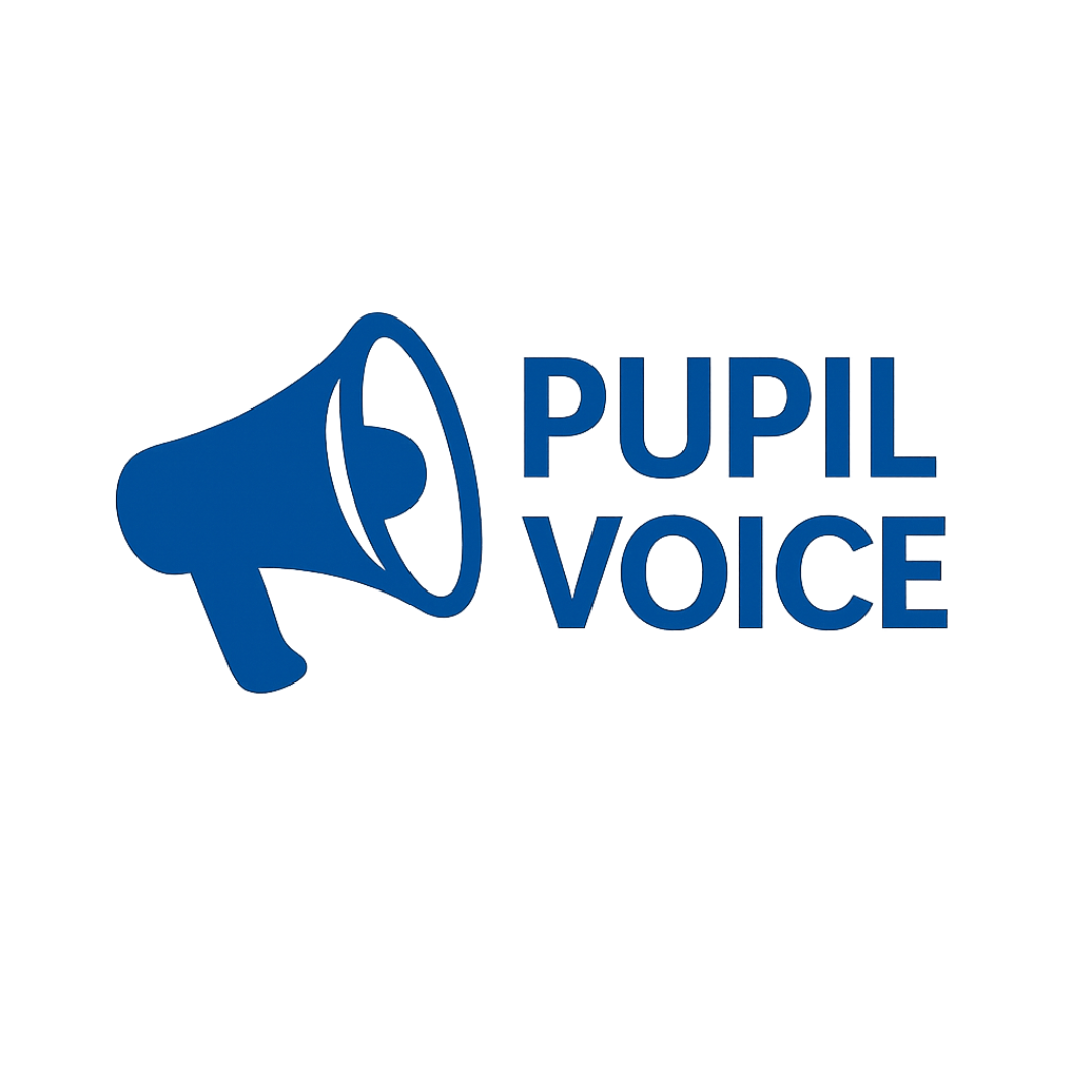 Blue megaphone icon next to the words “PUPIL VOICE” in bold blue capital letters.