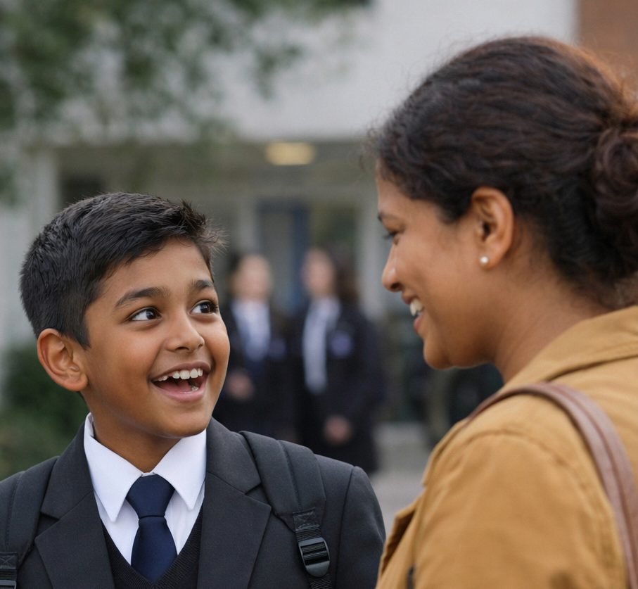 A smiling secondary school pupil in school uniform talks to an adult outside a school building, with other pupils blurred in the background.