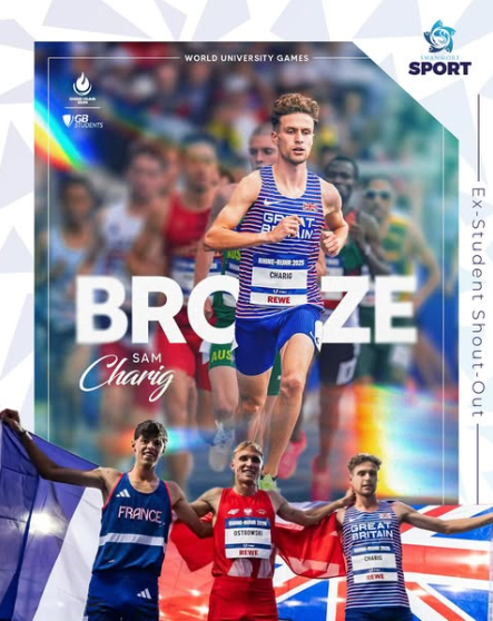 Image shows Sam Charig, a former pupil, representing GB in 1500 metres at the World University Games in Germany, where he won a bronze medal